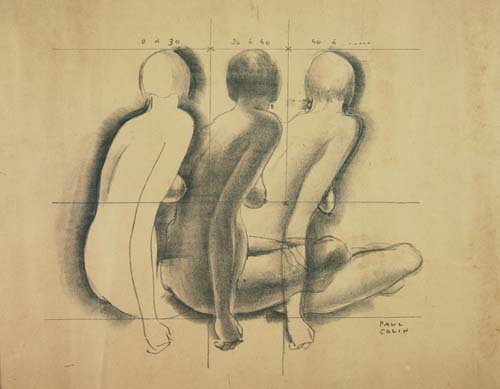 [TROIS JEUNES FILLES NUES.] Black and white lithographic study. Circa 1928. 17x22 inches.